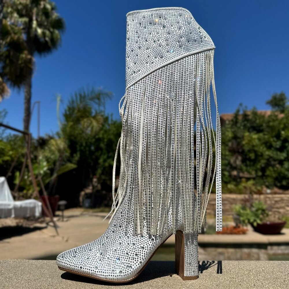 White Rhinestone Fringe Knee-High Heeled Boots - Picture 4 of 7